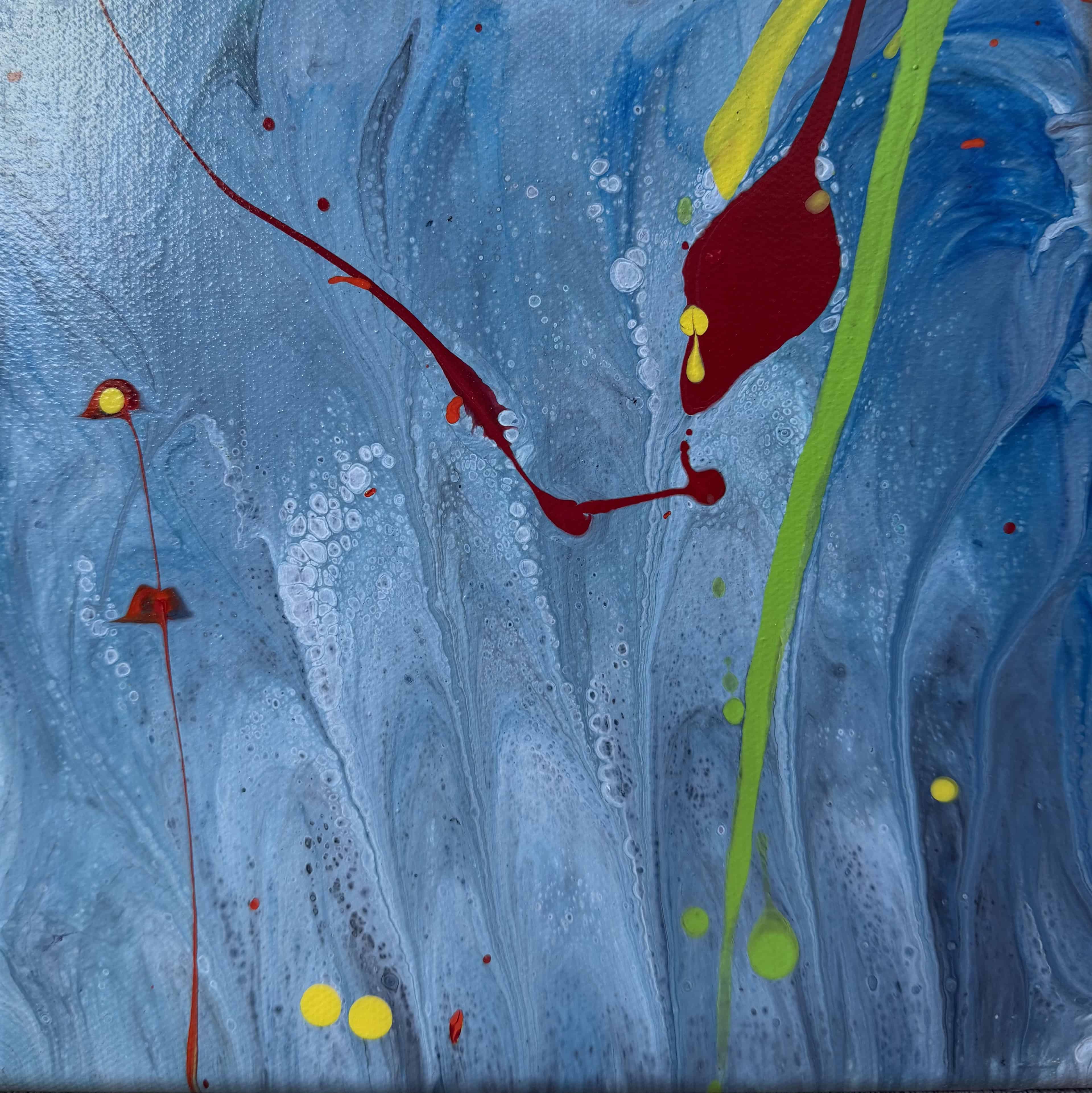 Blue Rain — blue pour with red and yellow splatter accents