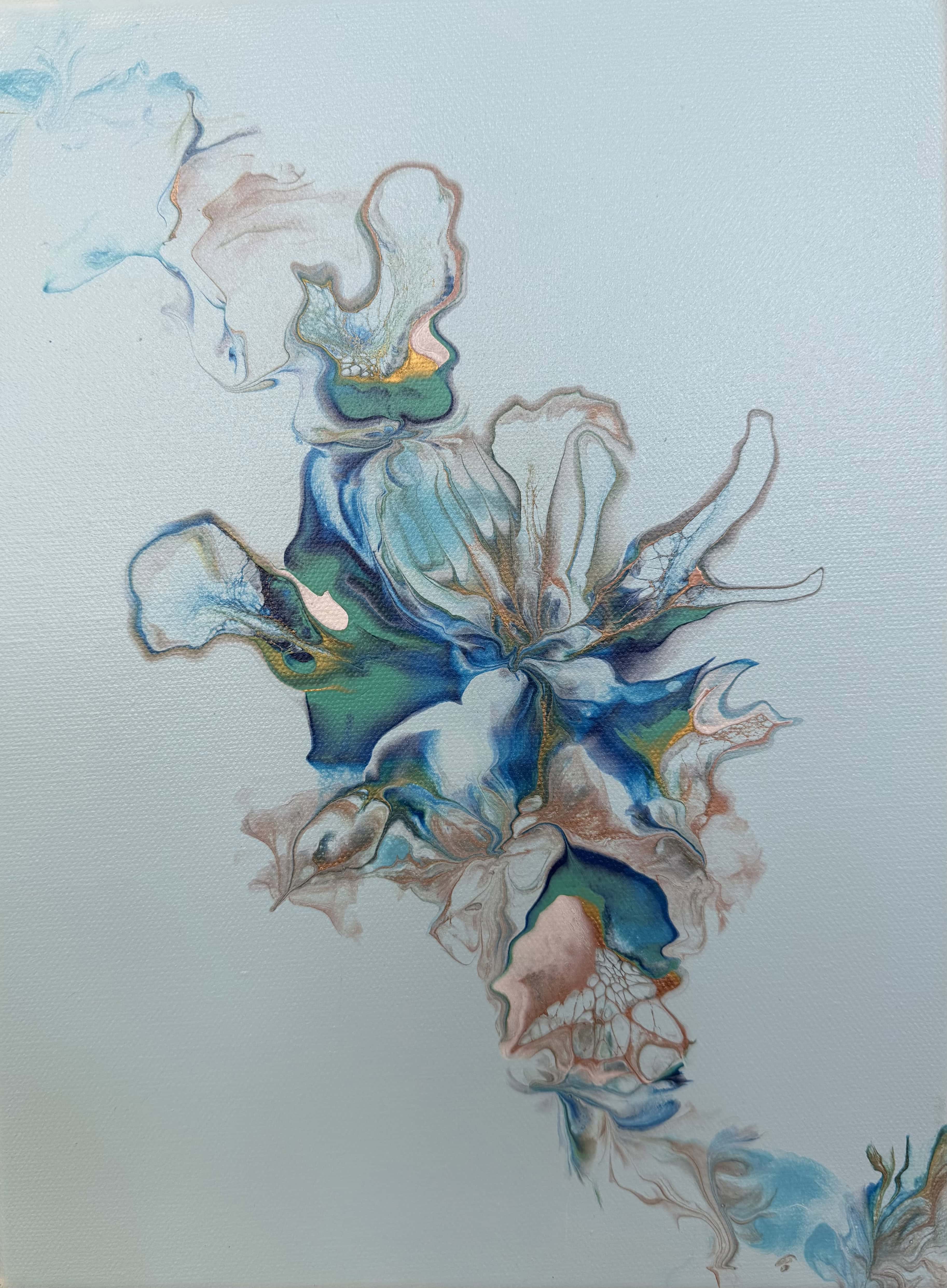 Iris Drift — delicate blue and teal floral form on pale background