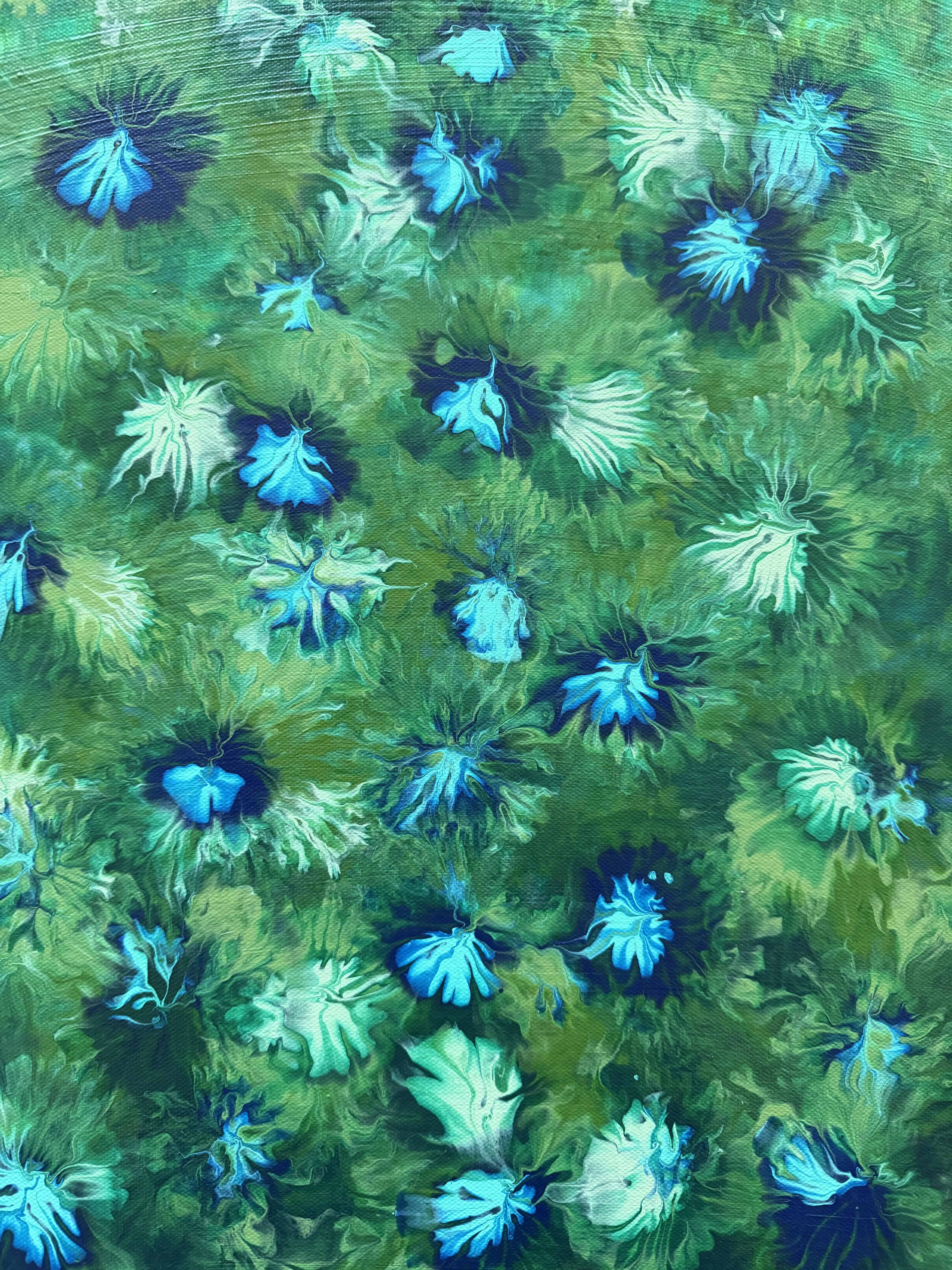 Meadow Blooms — teal and green floral bursts on green field