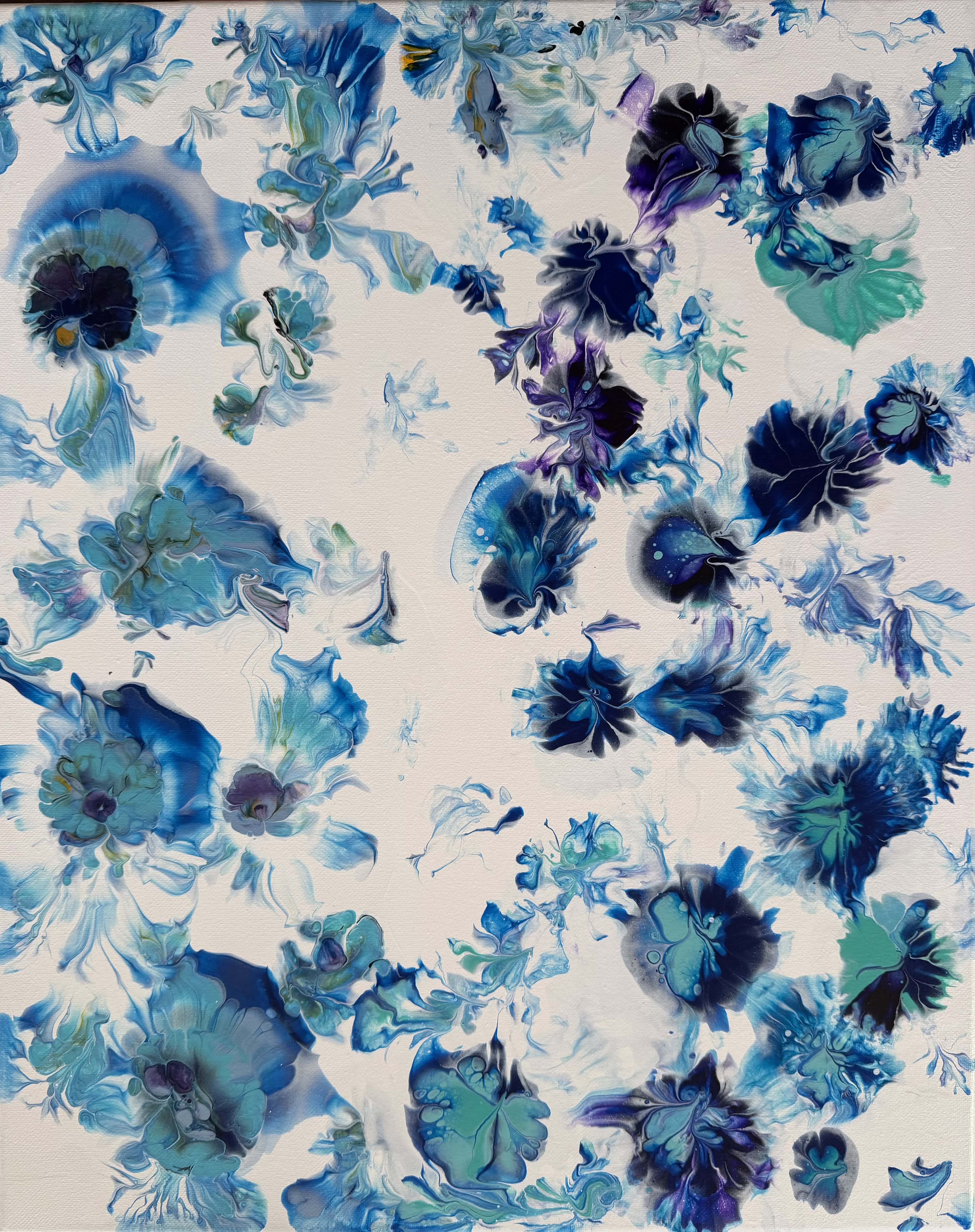 Indigo Scatter — blue and purple scattered blooms on white