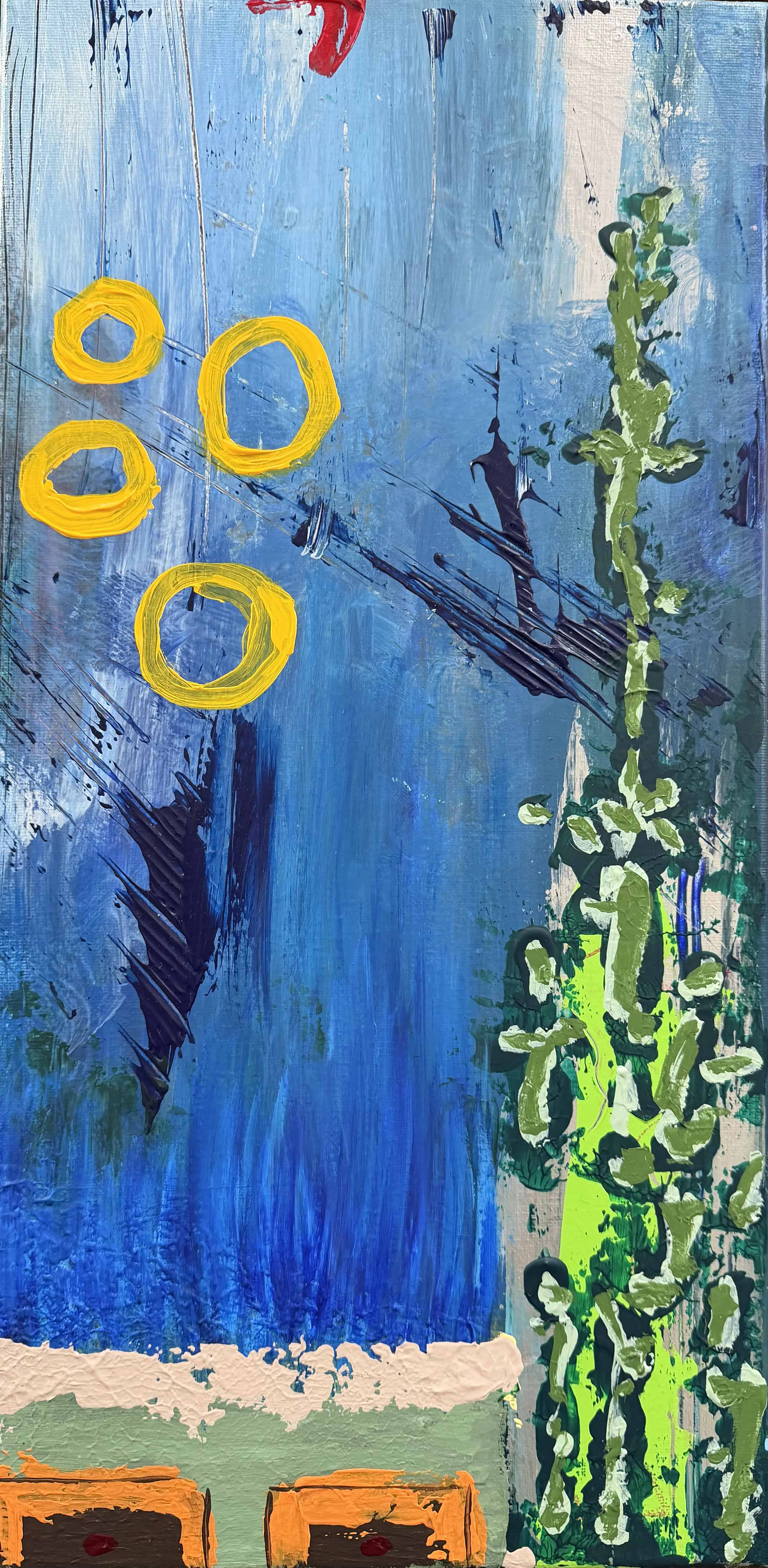 Desert Window — bold blue with yellow circles and green cactus form