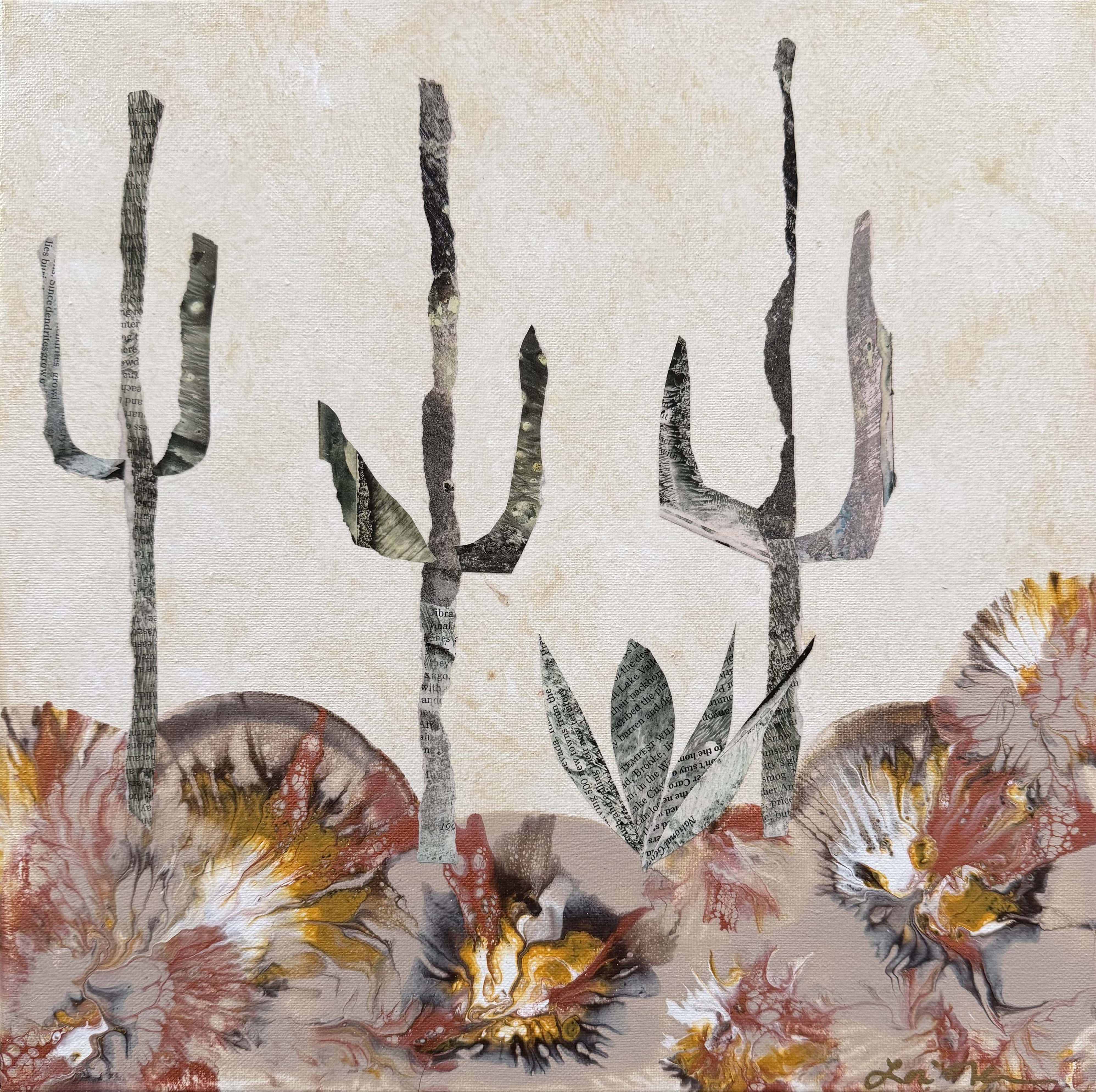 Saguaro Sunset — collage of saguaro cacti with warm desert flora