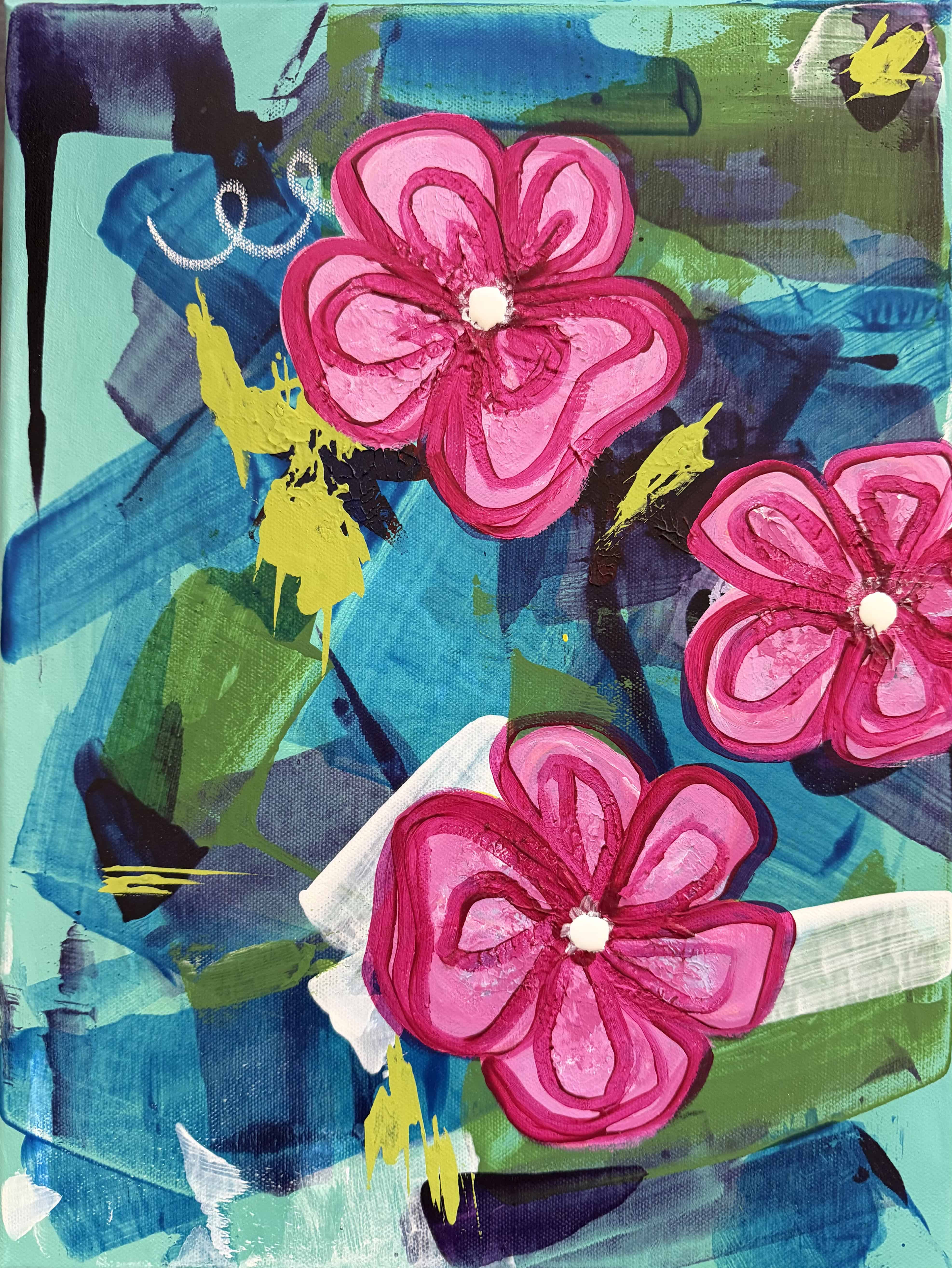 Pink Blossoms — vibrant pink flowers on teal and green background