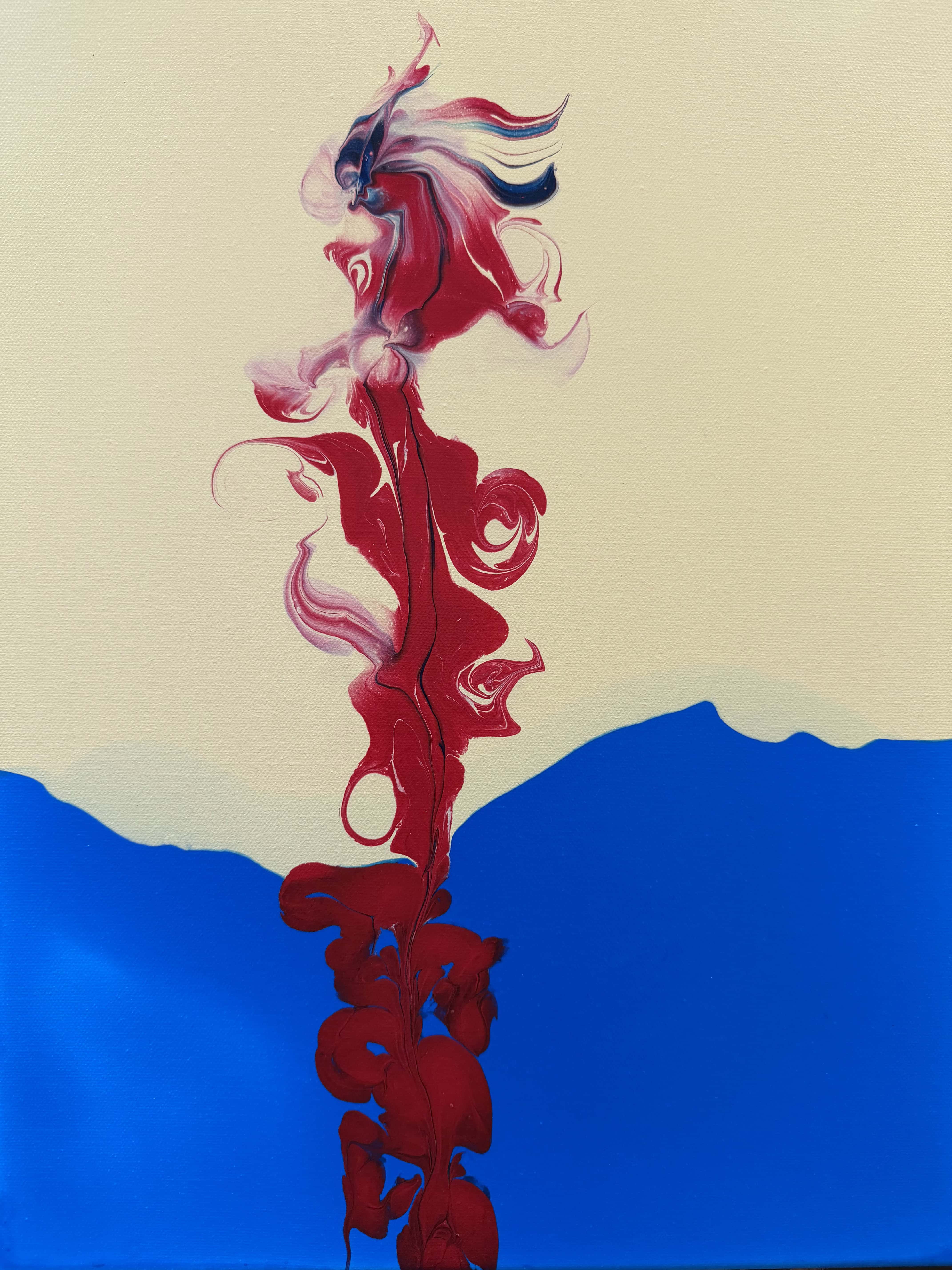 Crimson Rise — red fluid form rising against cream and blue horizon