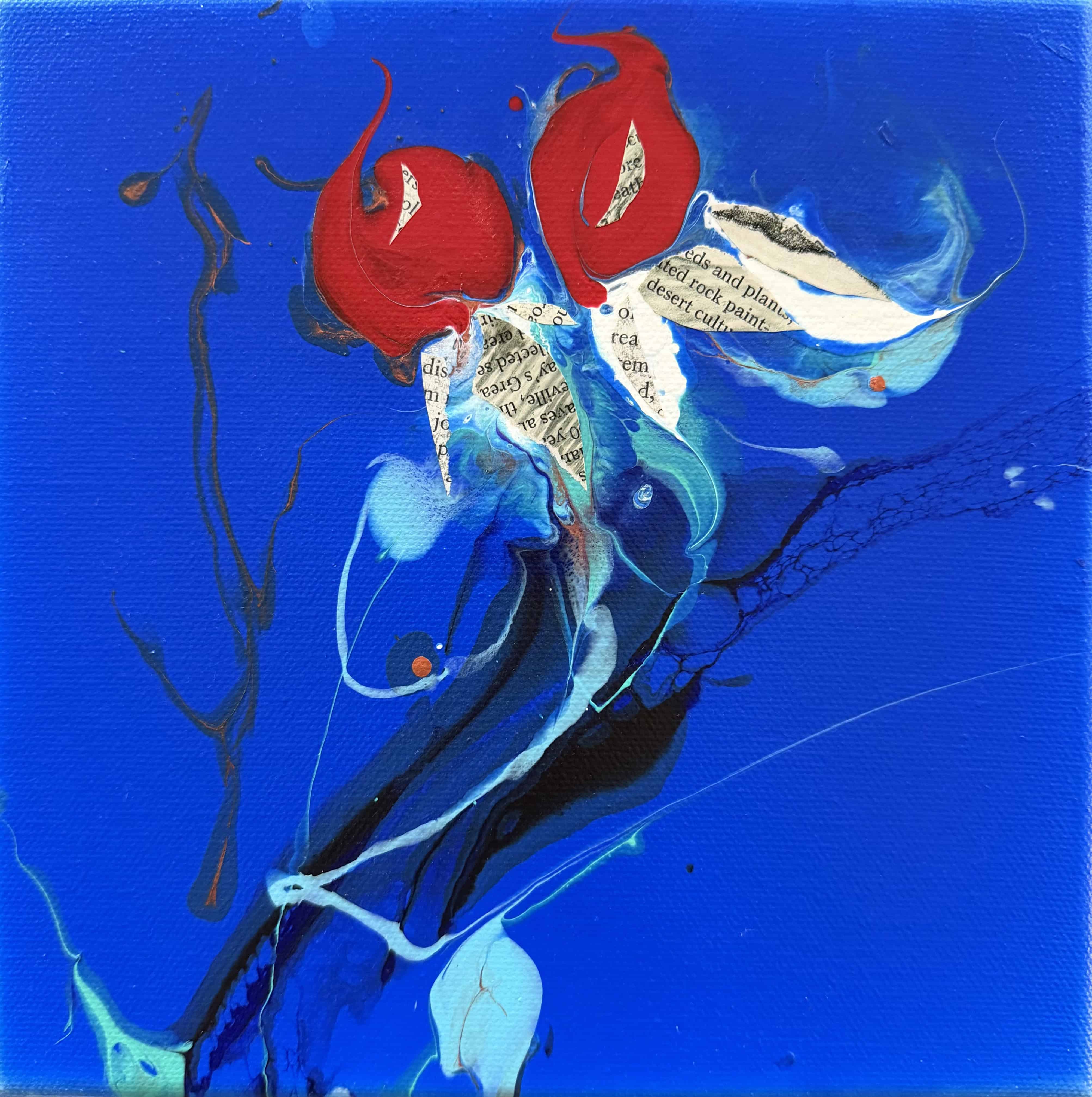Red Tulip Collage — red tulip forms with text collage on deep blue