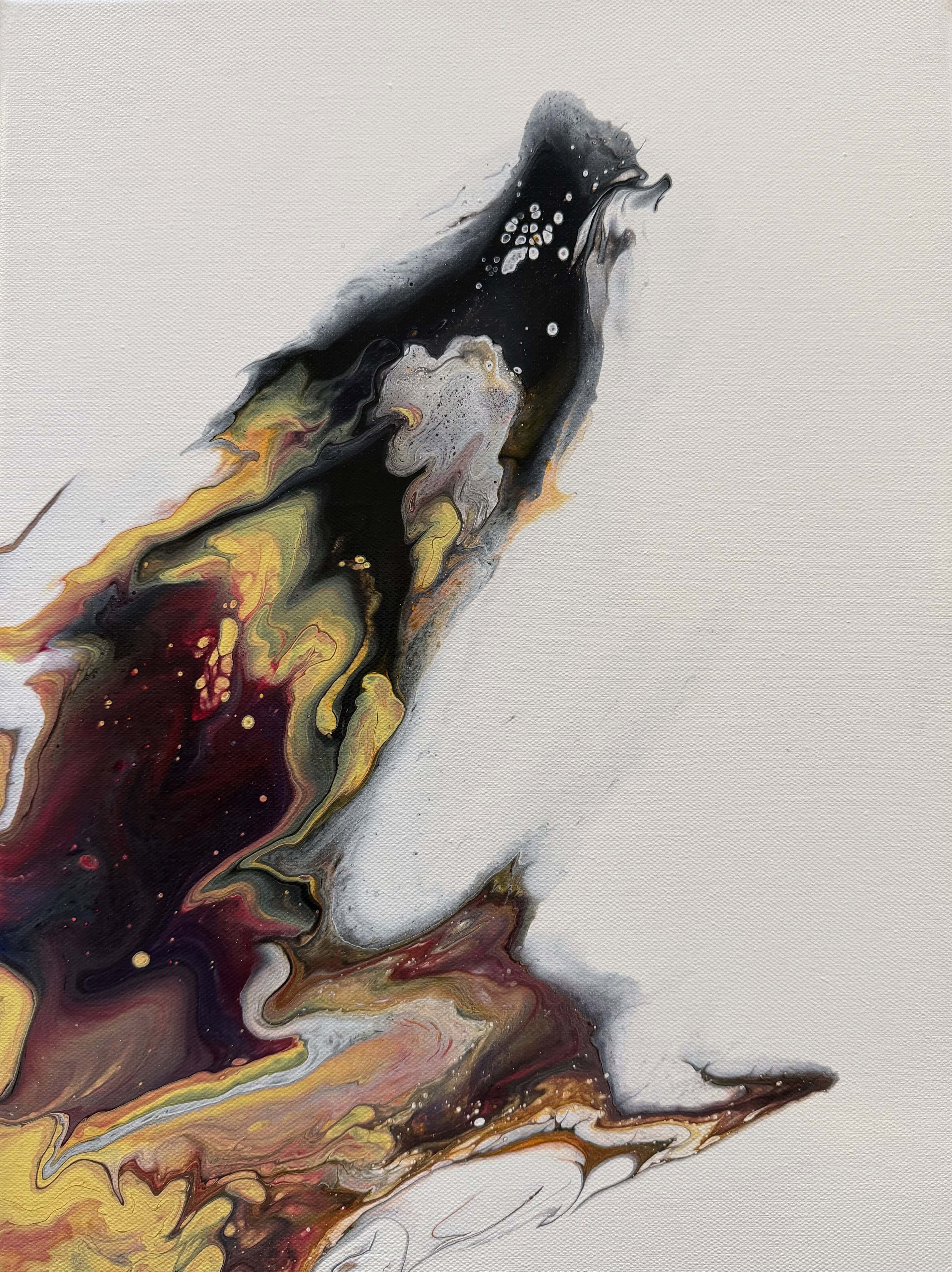 Ember Flow — dark and golden fluid pour on white canvas