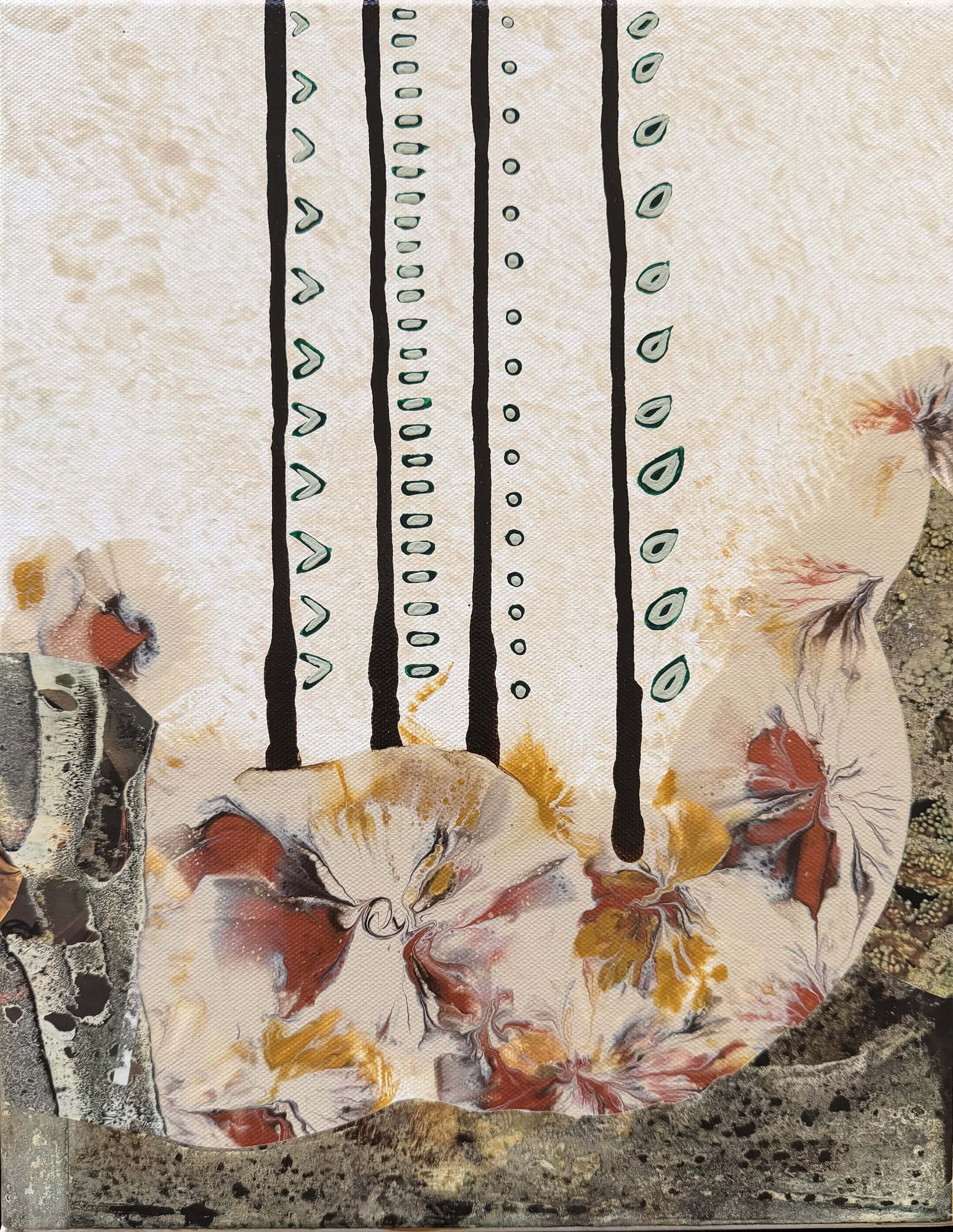 Rain Garden — collage with floral fabric, black lines, and teal leaf drops