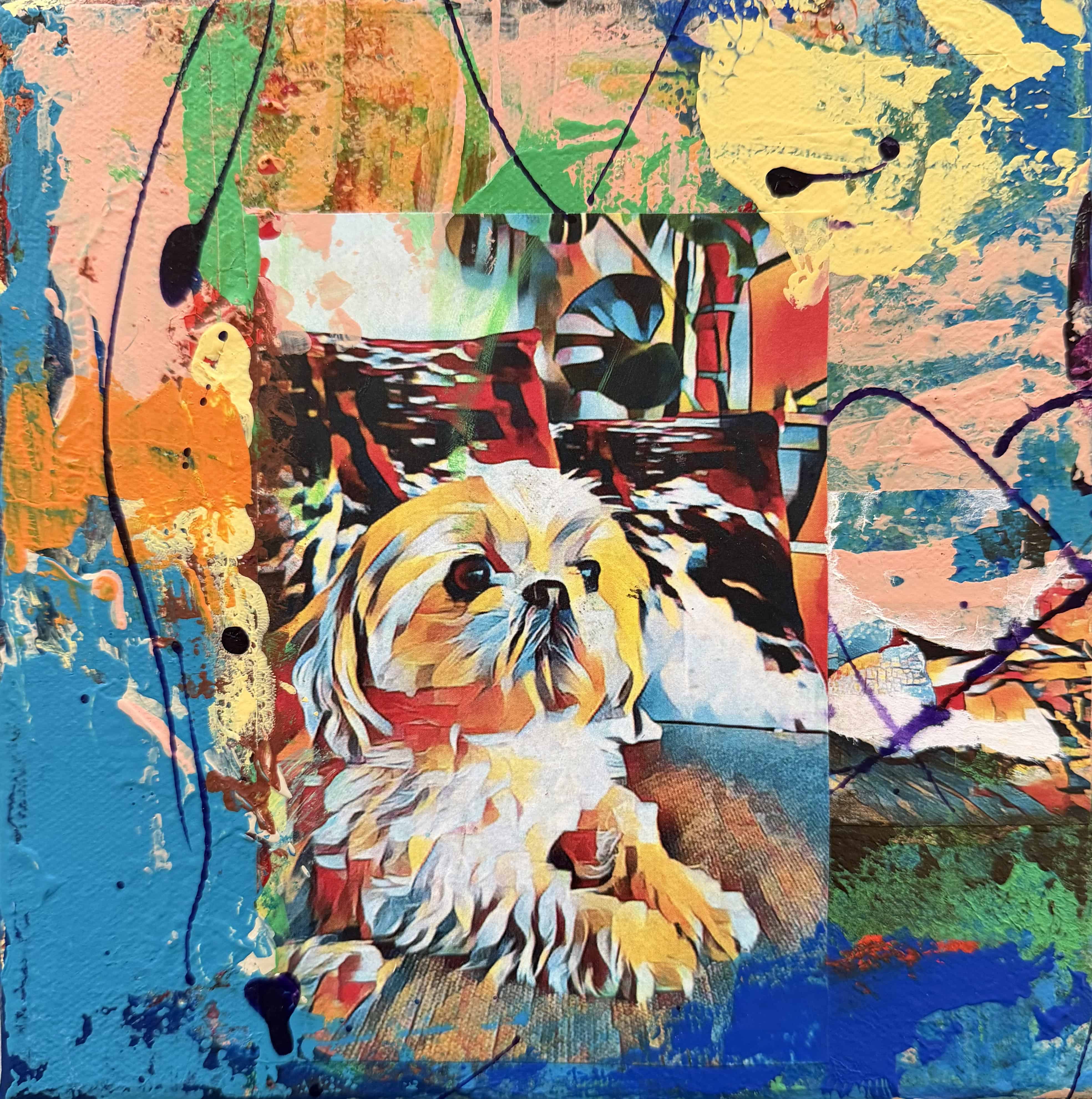 Painted Opal — colorful mixed-media portrait of a dog with abstract background