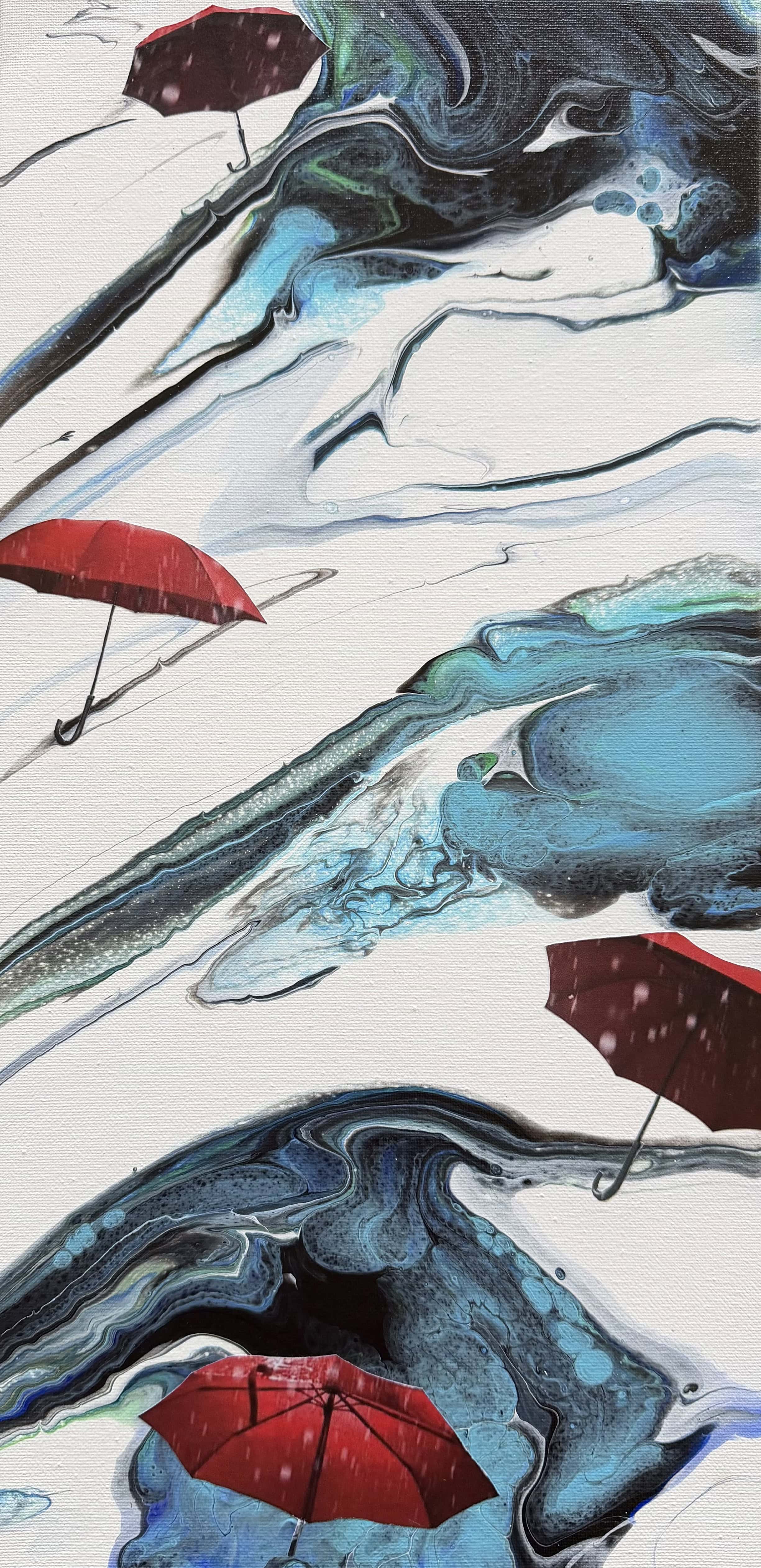 Red Umbrellas — red umbrellas floating over blue and white marble pour