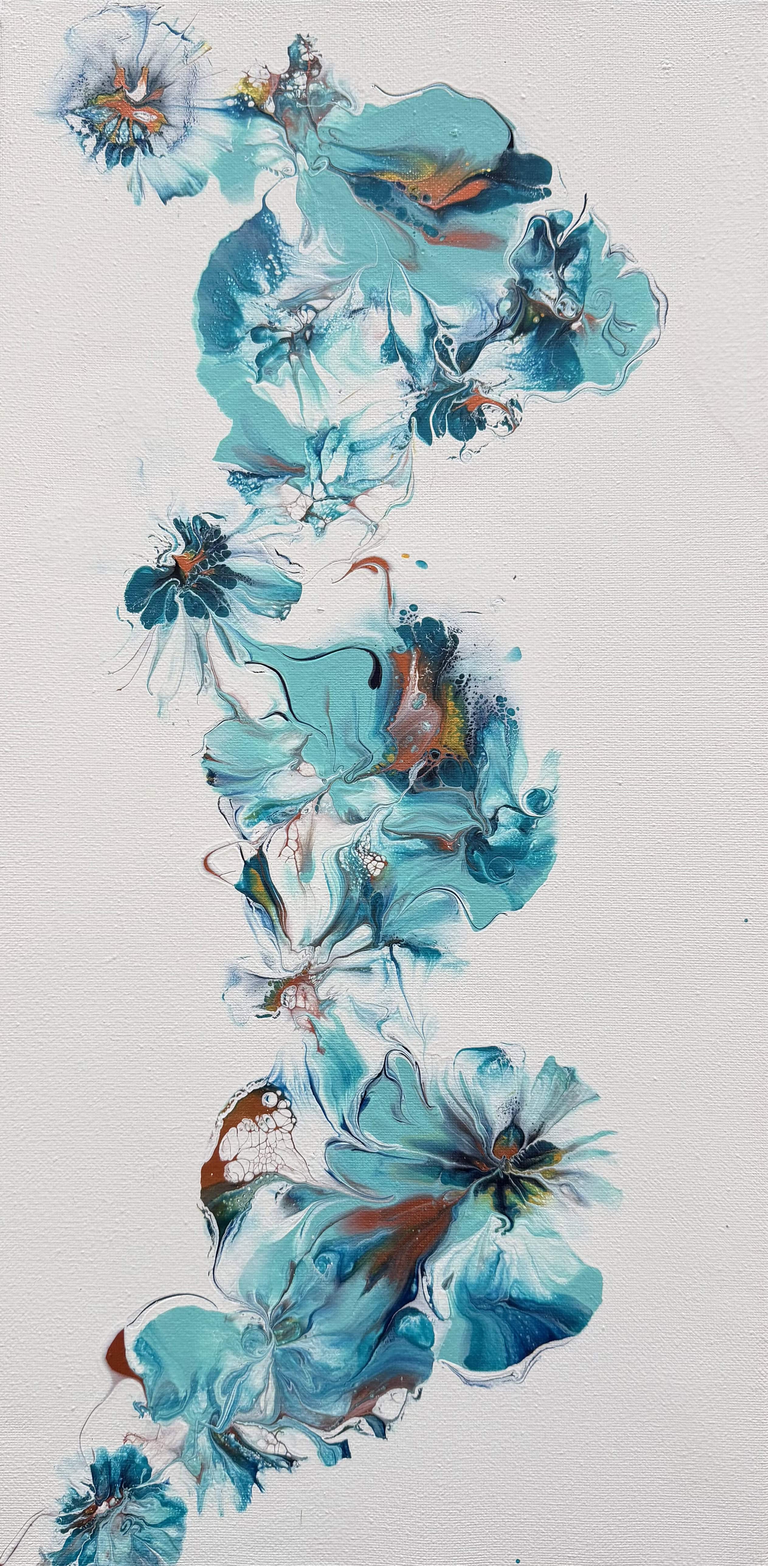 Teal Cascade — cascading teal blooms trailing down a white canvas