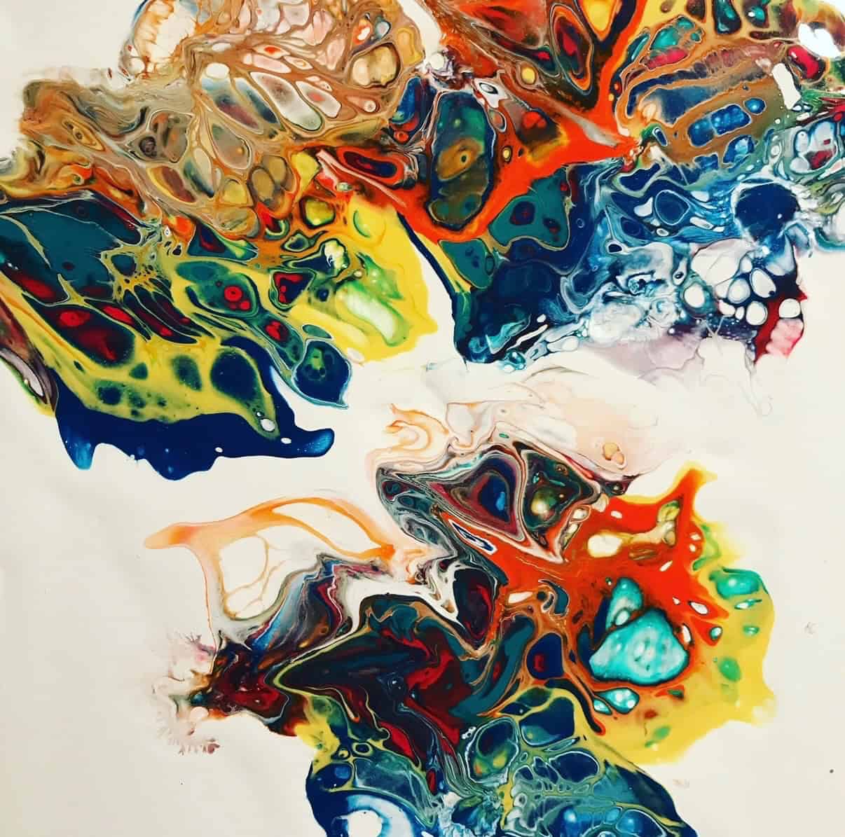 Chaos Bloom — vibrant multicolor marbled pour on white