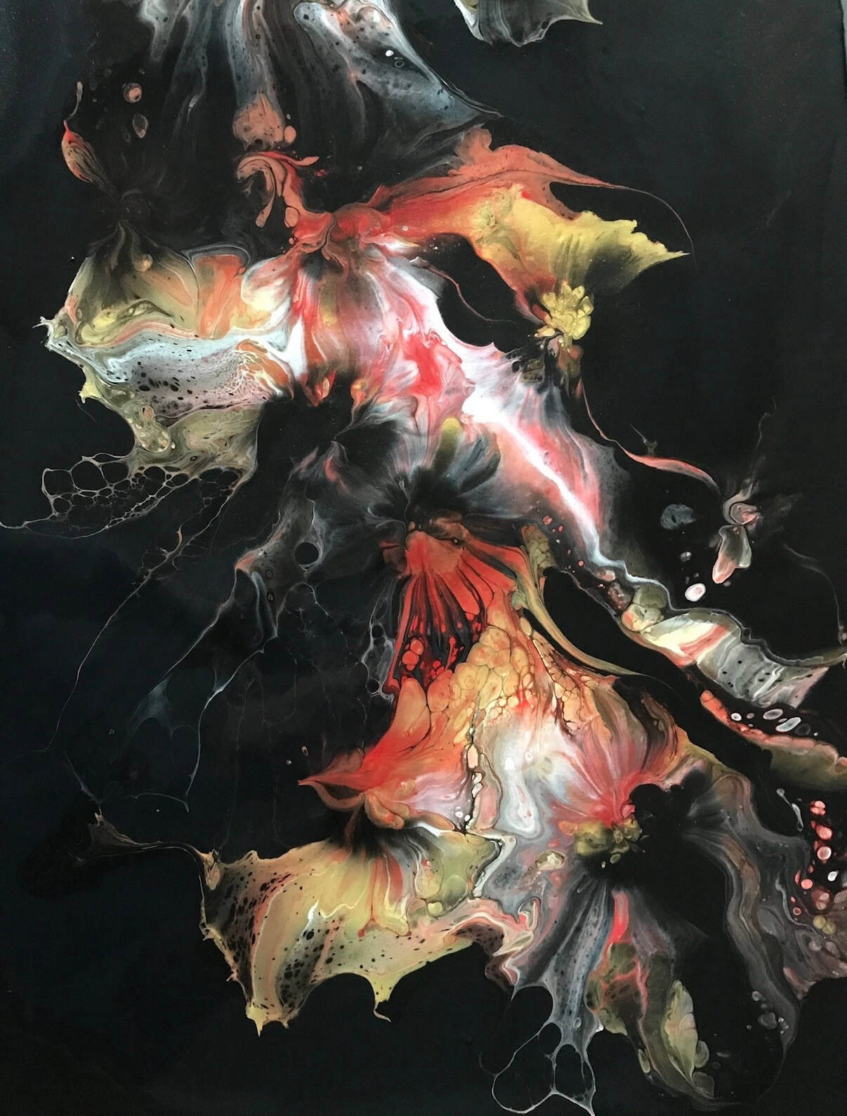 Ember Garden — red and gold floral forms on deep black