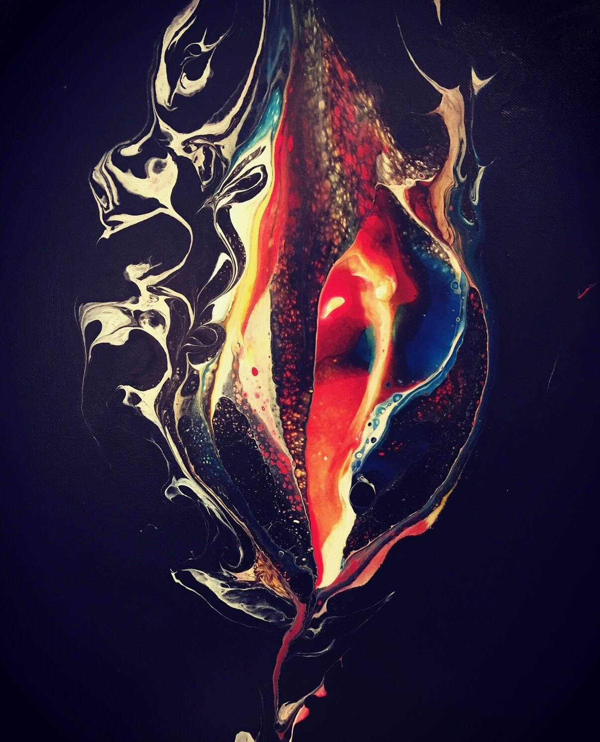 Phoenix Flame — fiery red, blue, and gold abstract form on dark background