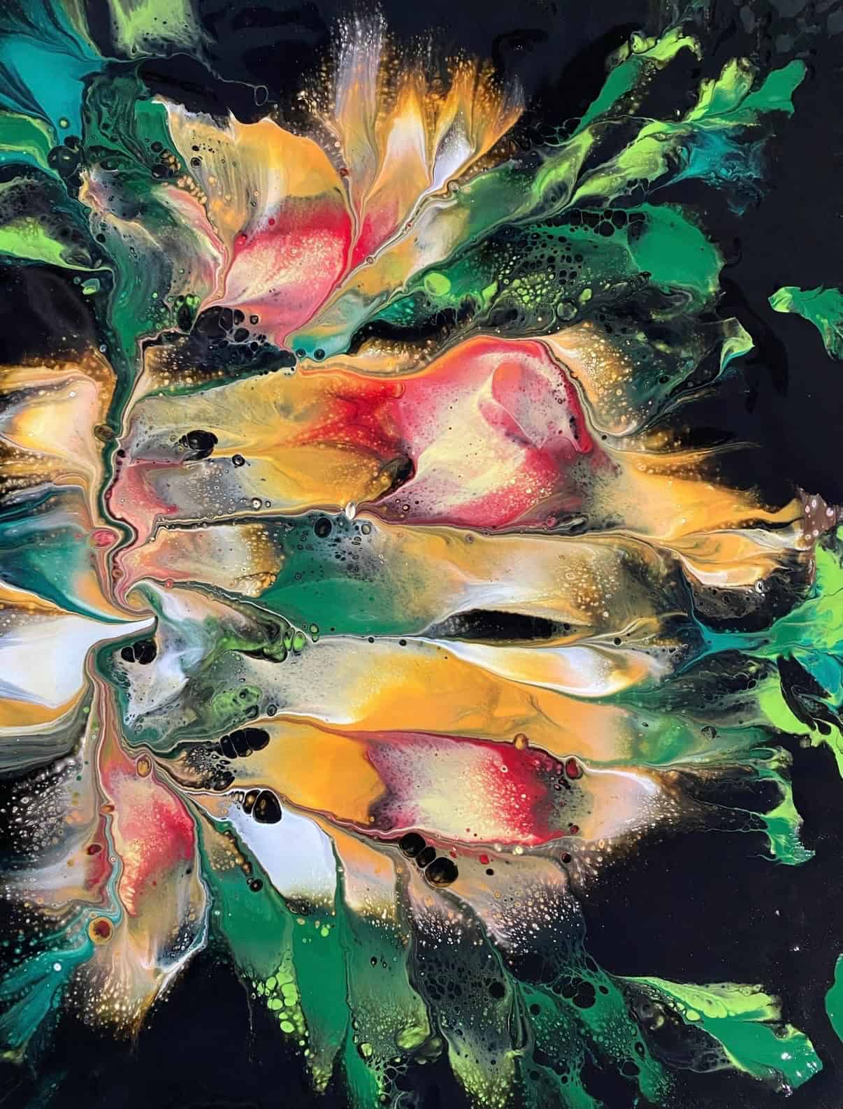 Forest Burst — green, gold, and red floral burst on black