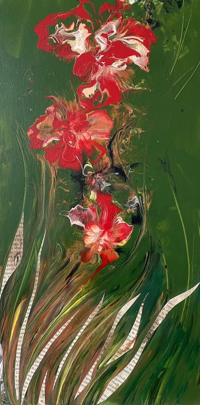 Crimson Stems — red flowers rising from green grass-like forms