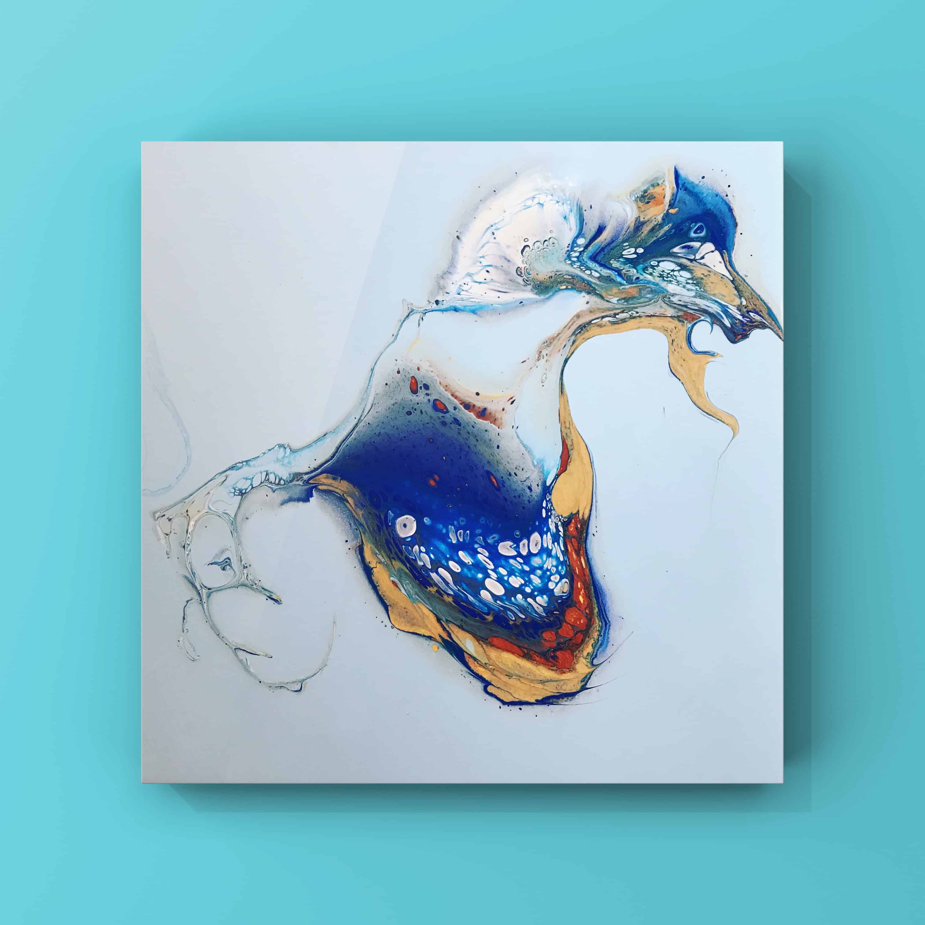 Crescent Wave — fluid blue and gold pour on white canvas