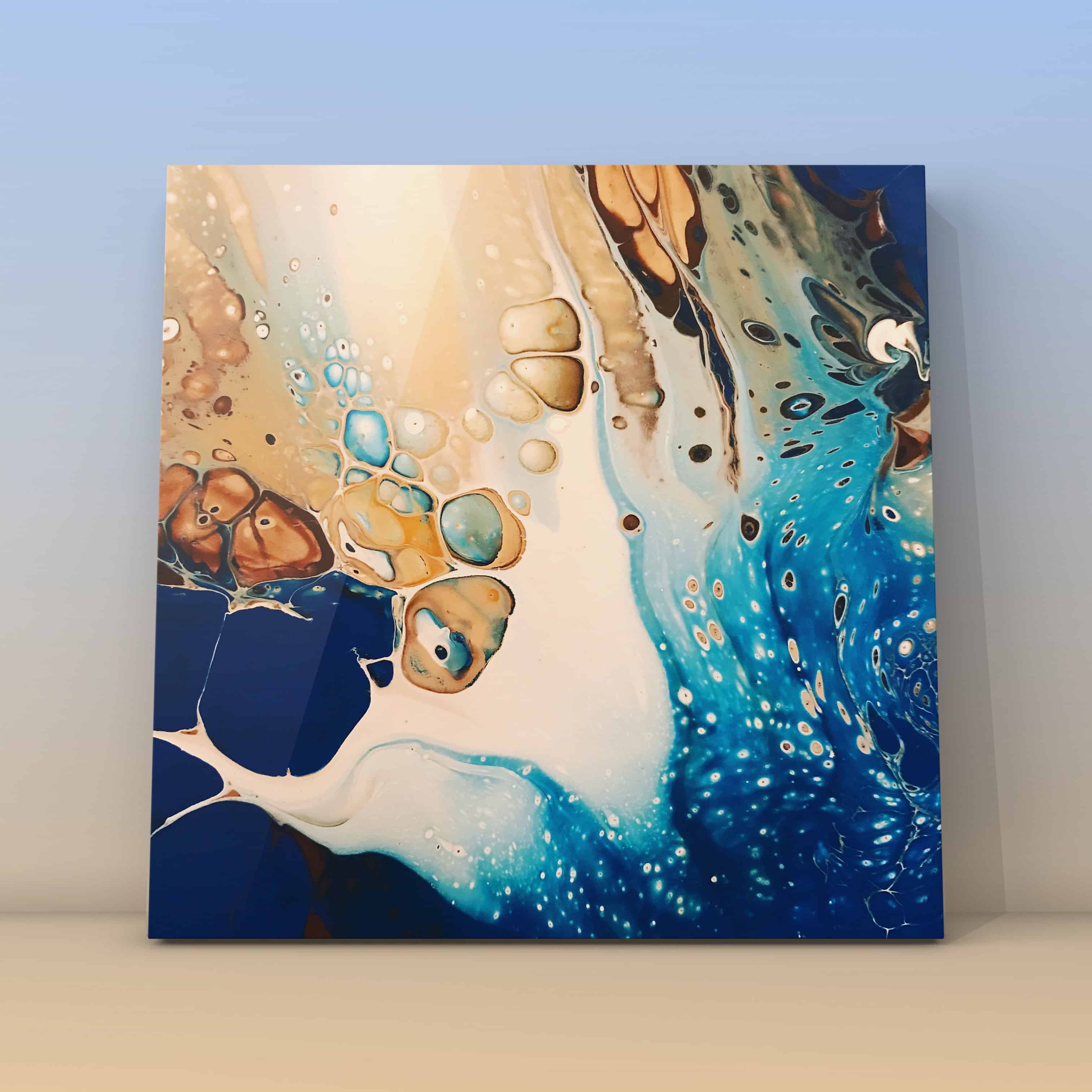 Tidal Bloom — ocean-inspired pour painting with blue and sand tones
