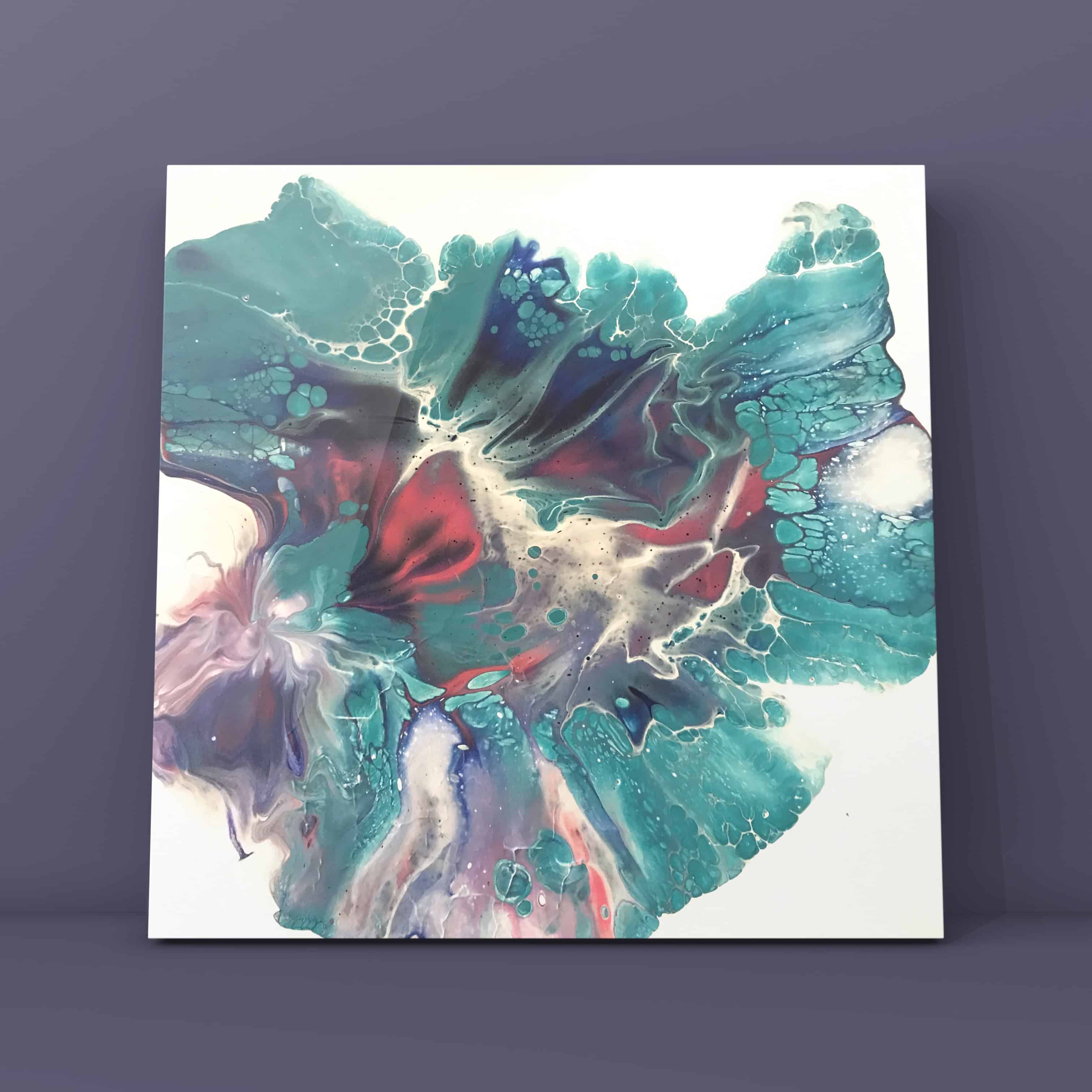 Teal Surge — teal and red energetic pour on white canvas