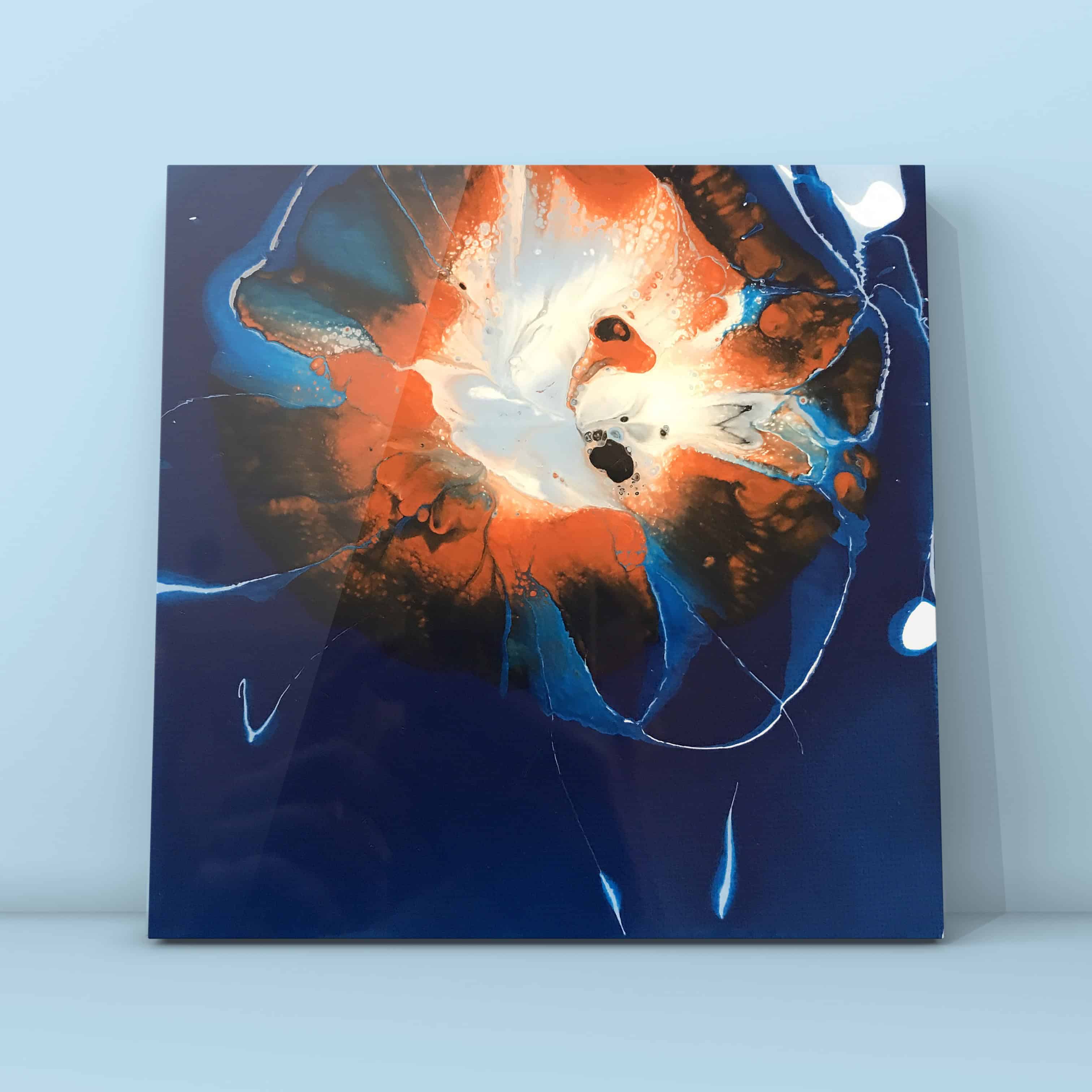 Copper Burst — orange and white floral burst on deep navy