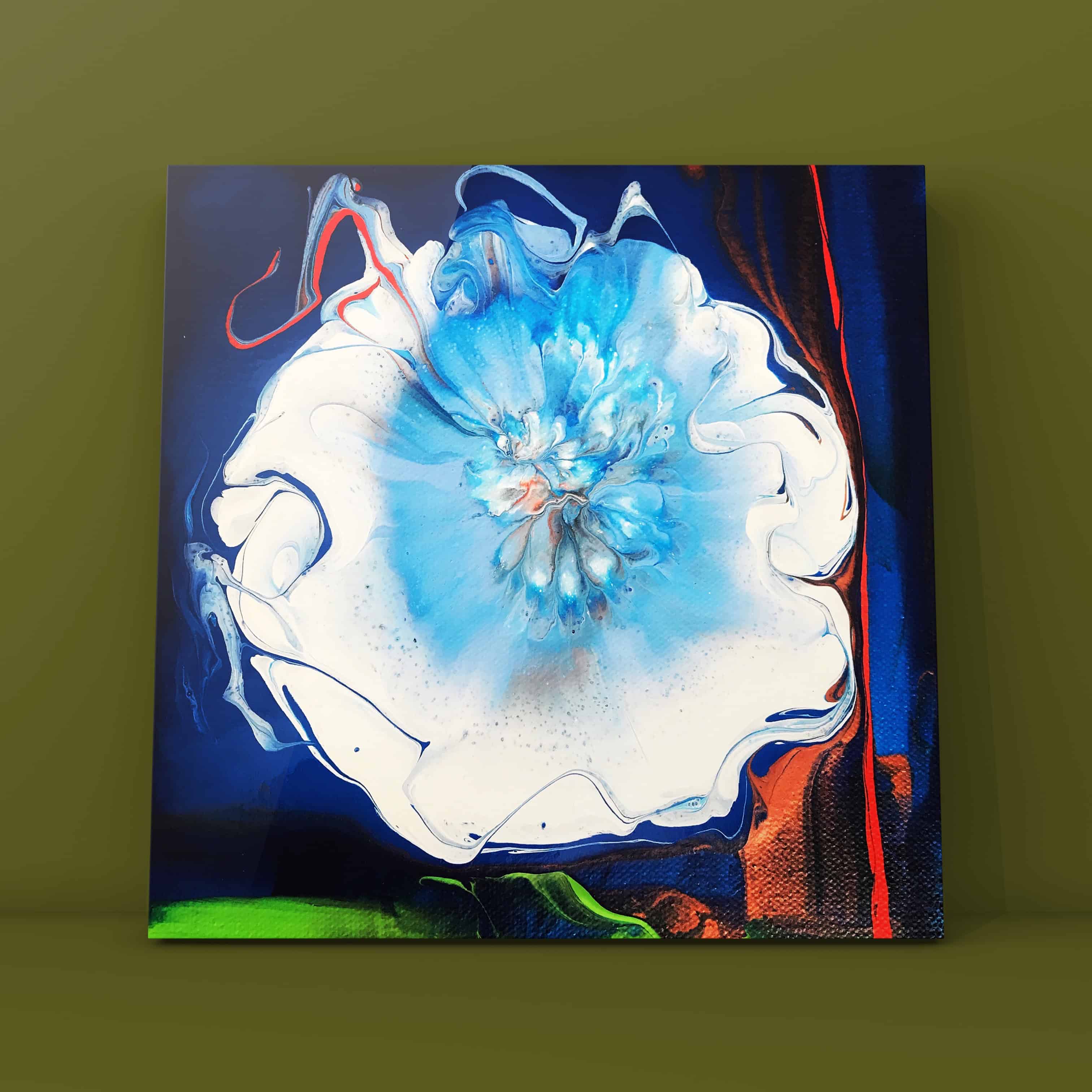 Single Bloom — luminous white and blue flower on dark background