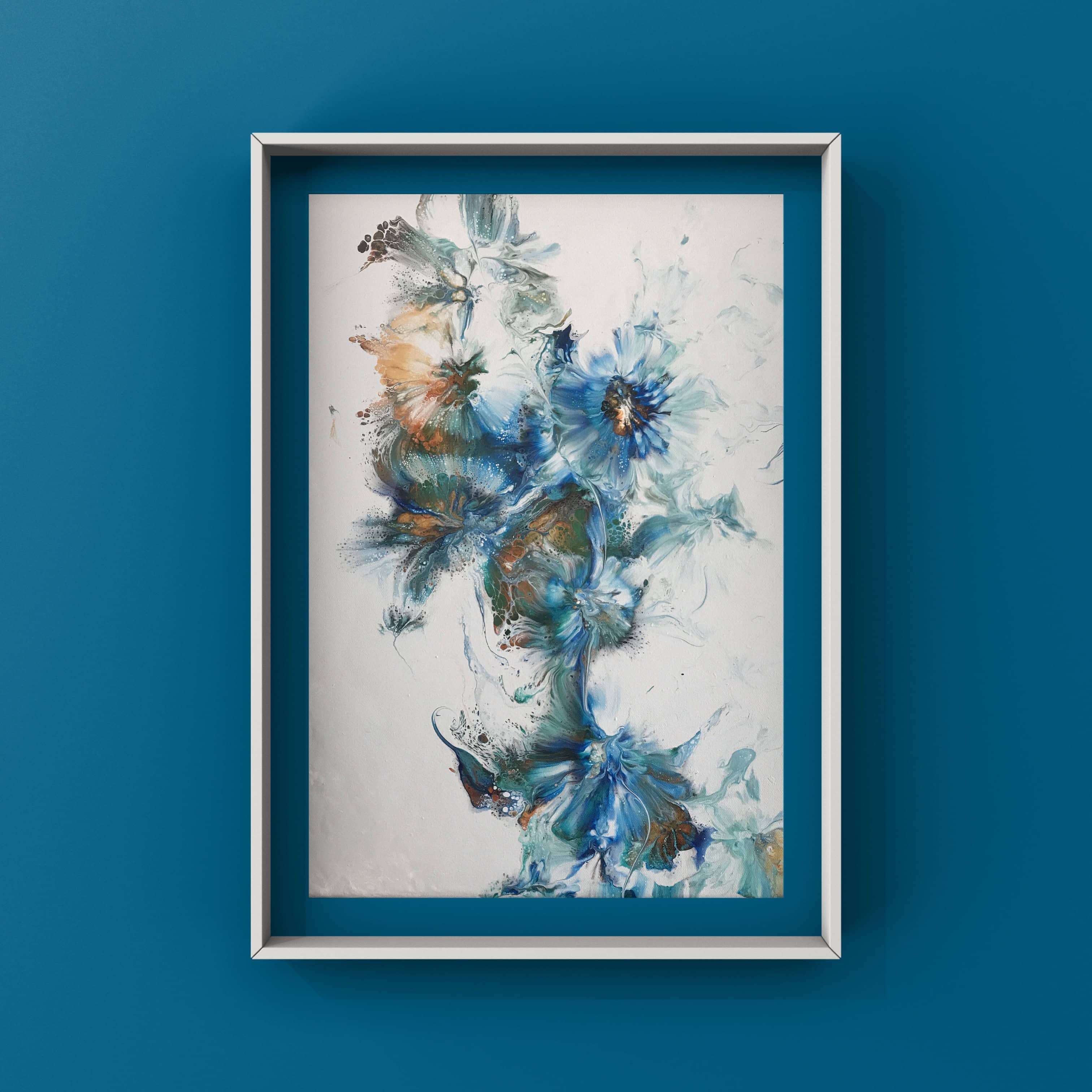 Blue Garden — cascading blue flowers in a white frame