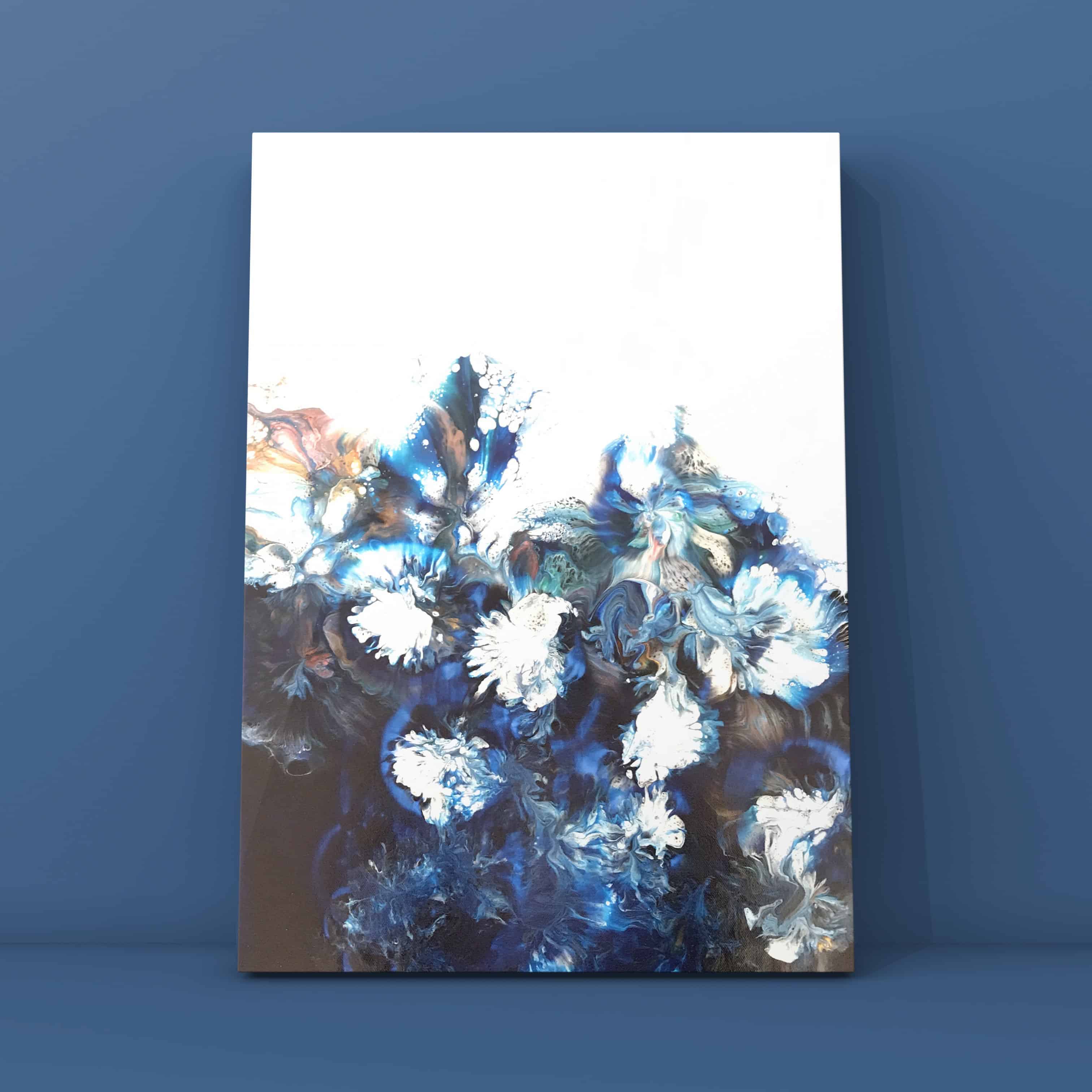 Winter Bloom — white blossoms emerging from deep blue and brown