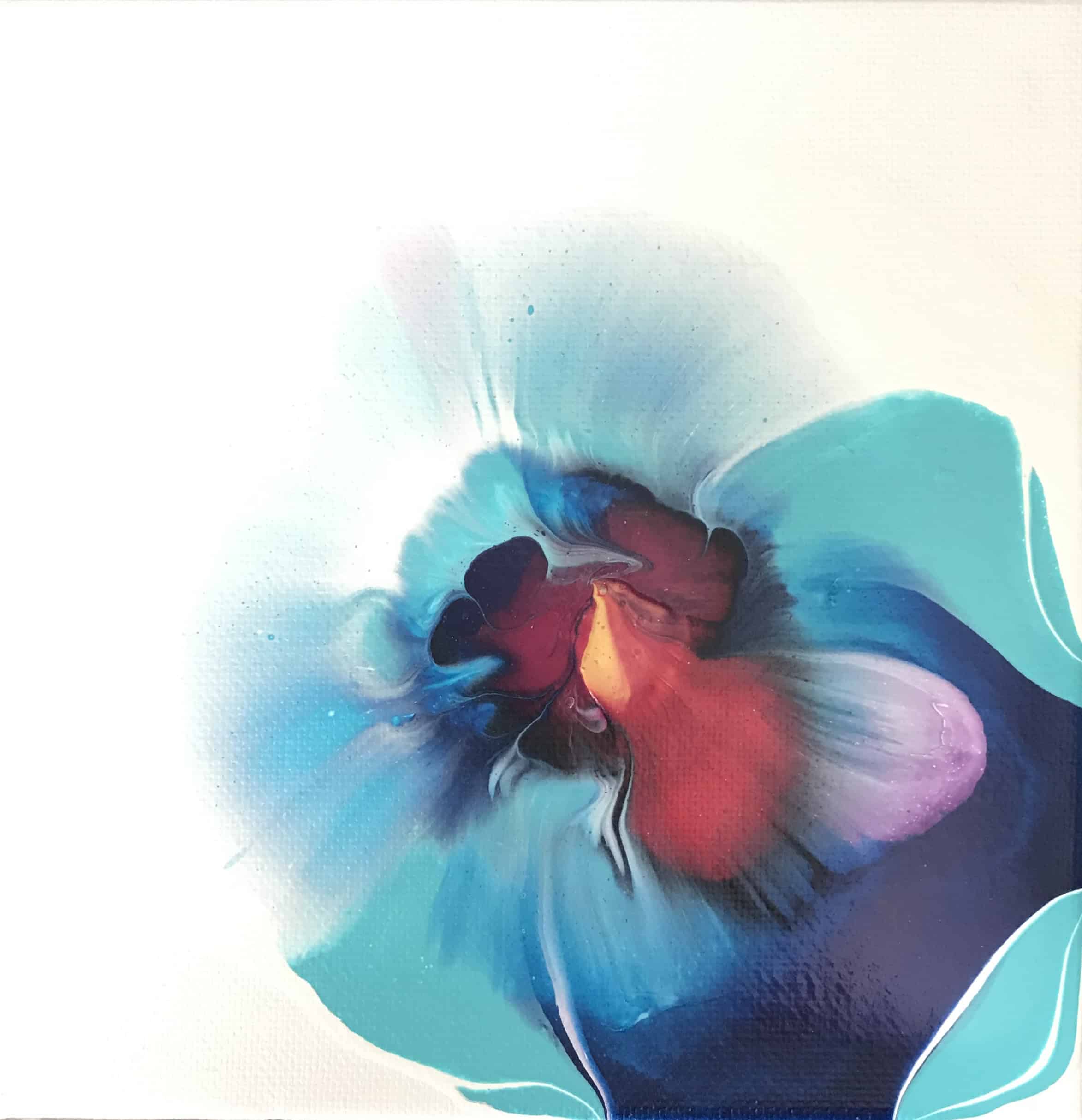 Bloom in Blue — fluid botanical painting with teal and crimson petals