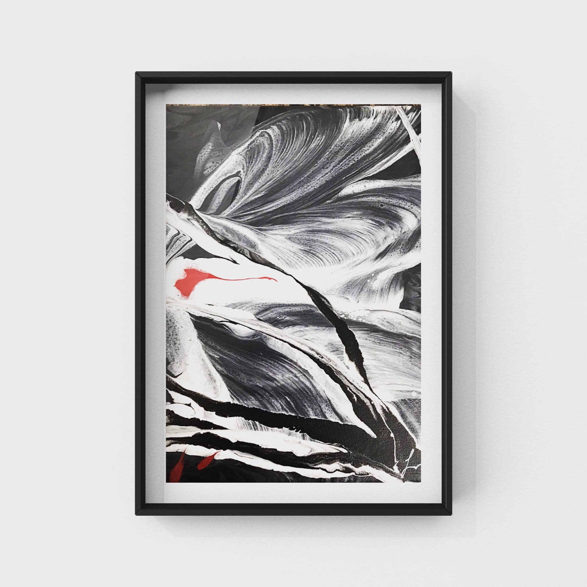Monochrome Wave — black and white flowing forms with red accent