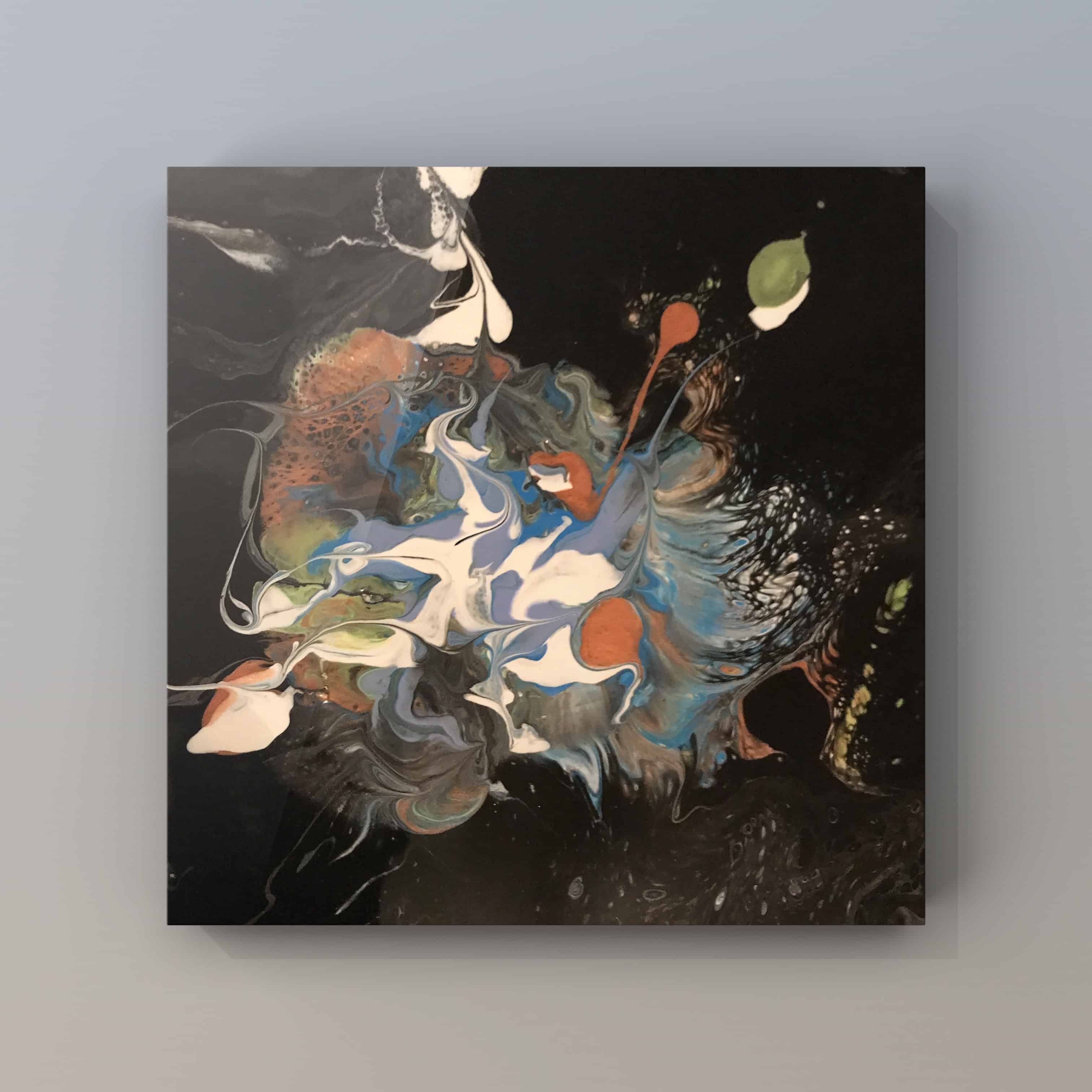 Dark Bloom — swirling blue, orange, and green on black