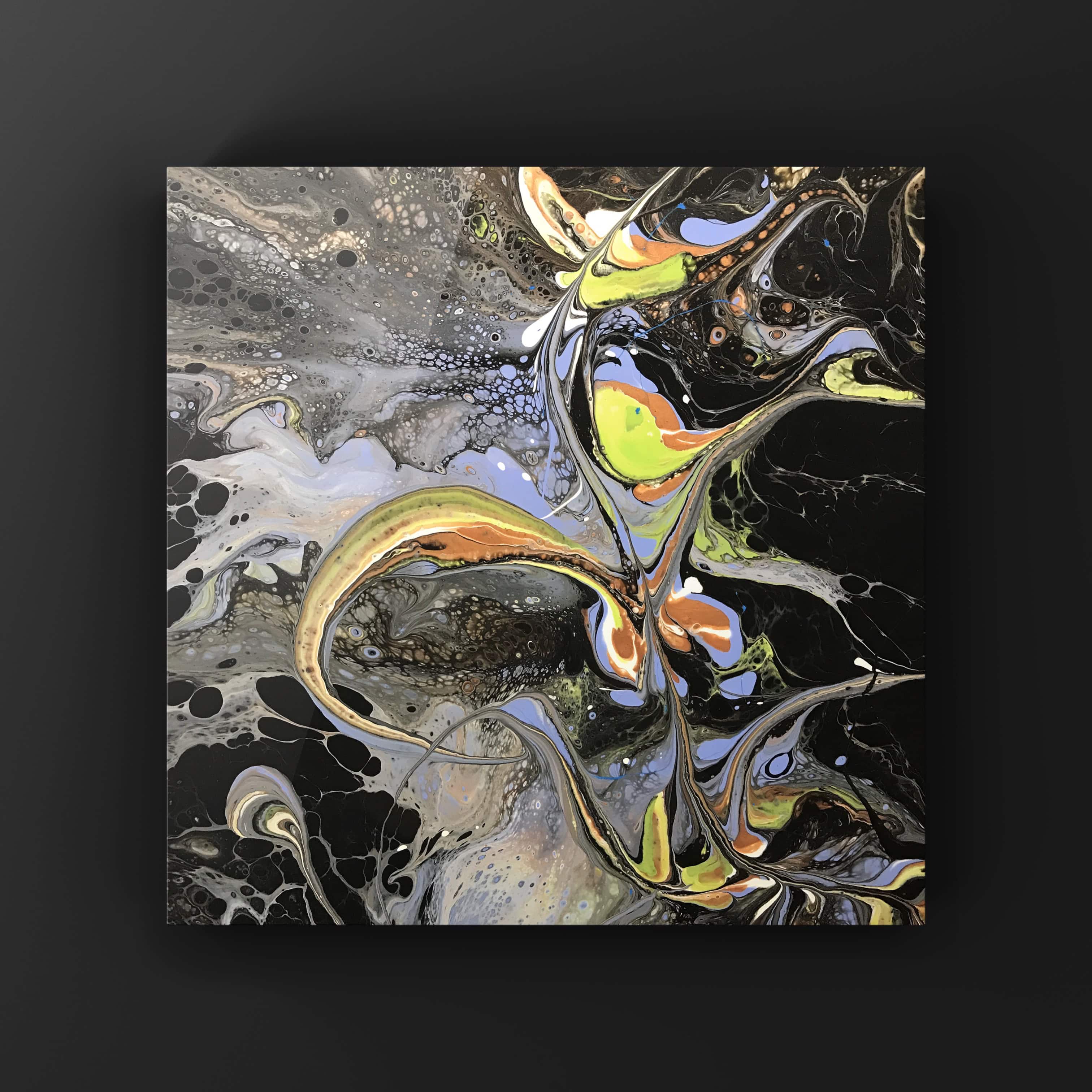 Primordial — cellular patterns in black, grey, green, and gold